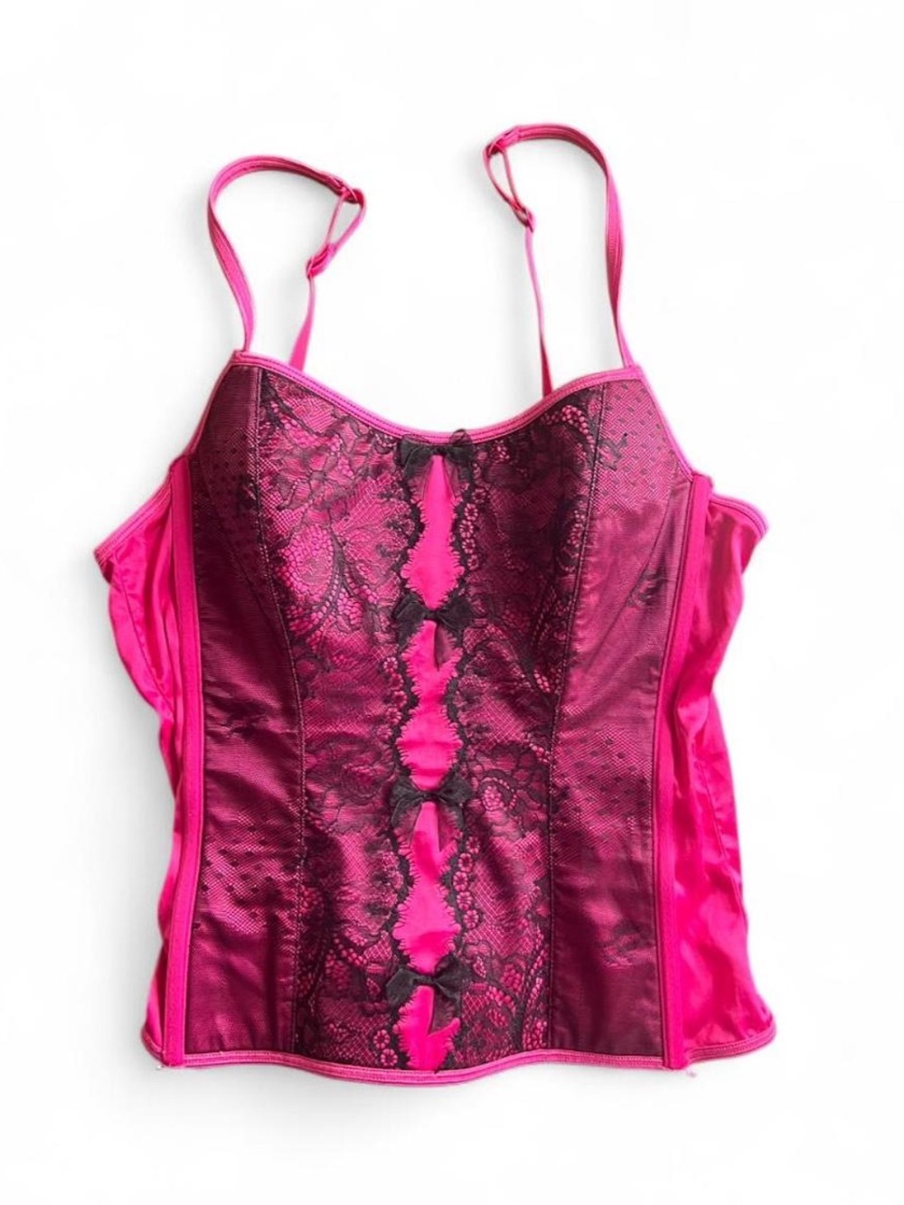 Victoria's Secret Hot Pink Black Lace Bow Corset Cami Top Size Small Y2K Alt Emo